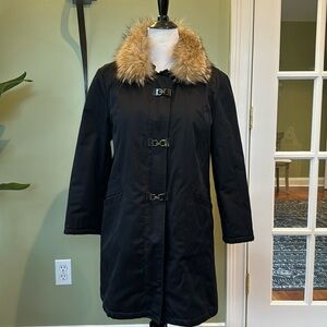 Ellen Tracy Stylish, Decorative Buckle, 3/4 Coat 2/Detachable Real Fur Collar